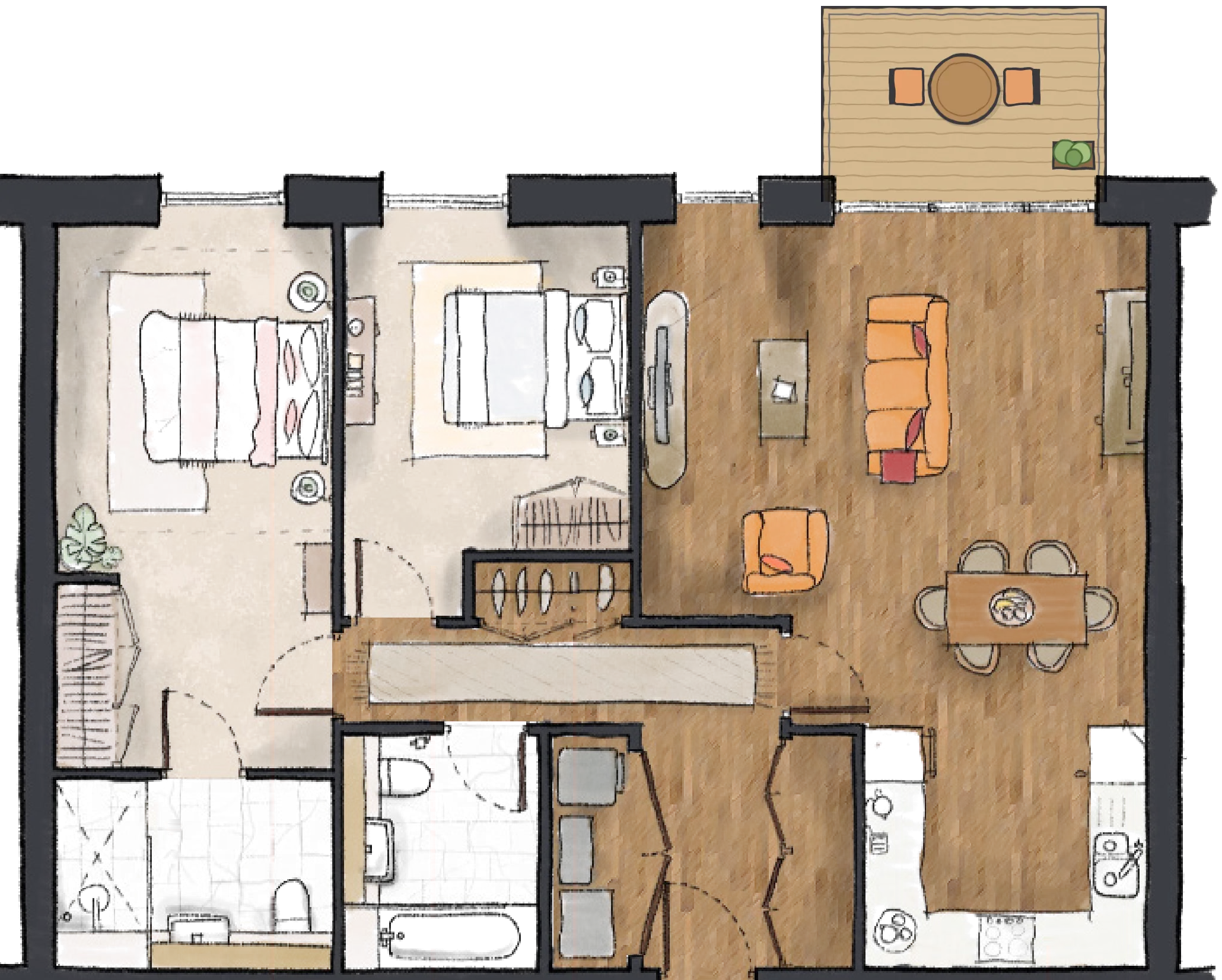 Plan of a typical two-bedroom apartment, entrance at the bottom, with numbered features