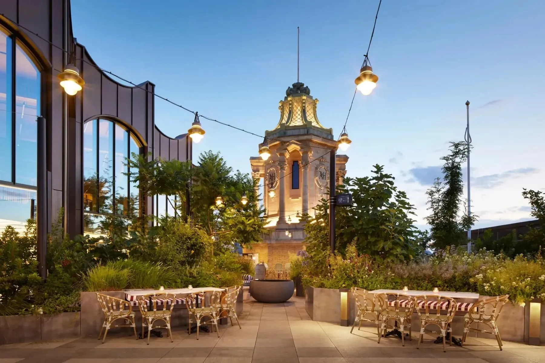The Arding & Hobbs roof terrace at dusk