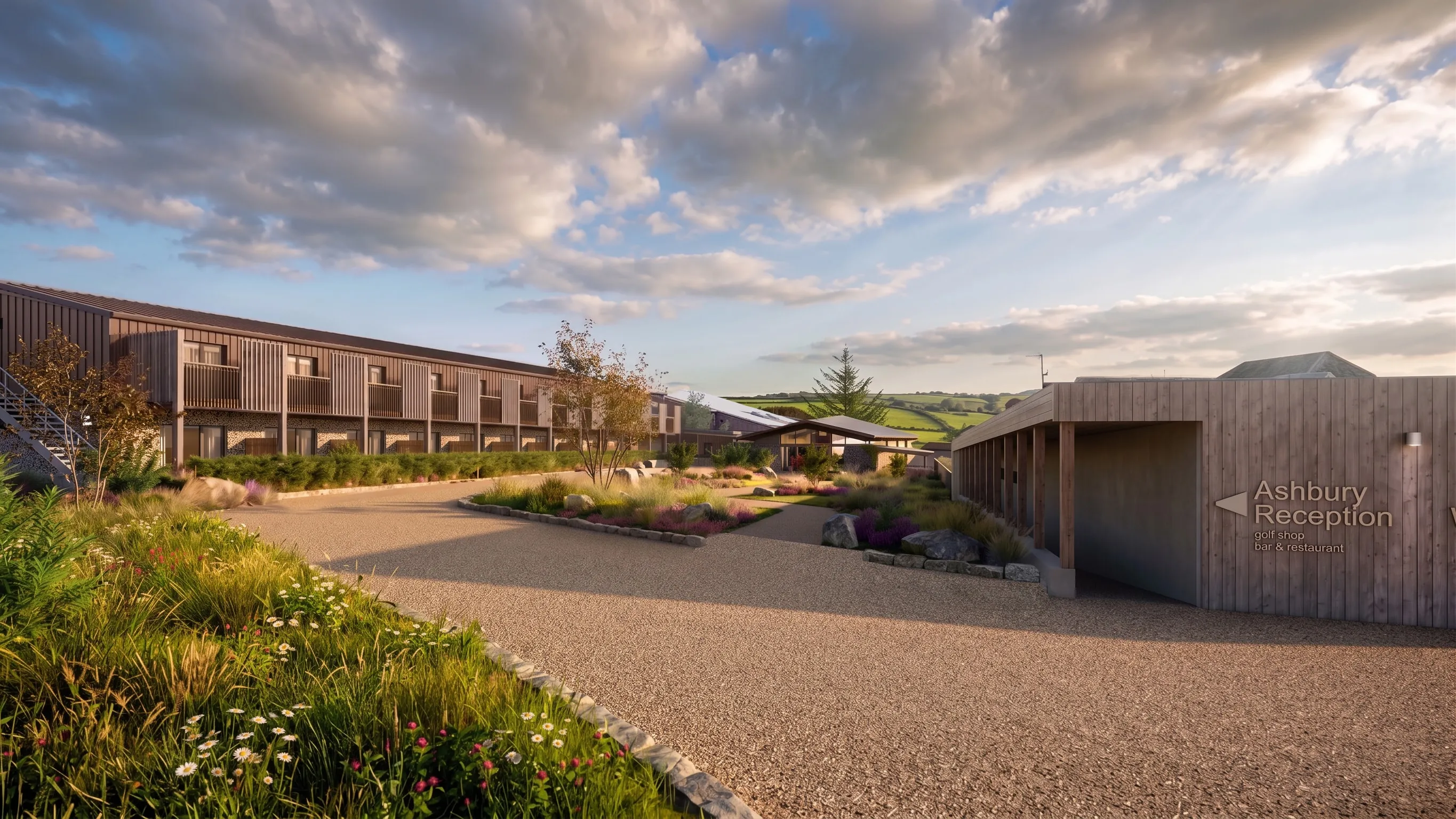 The new timber-clad reception and landscaped entrance courtyard at the Ashbury Resort