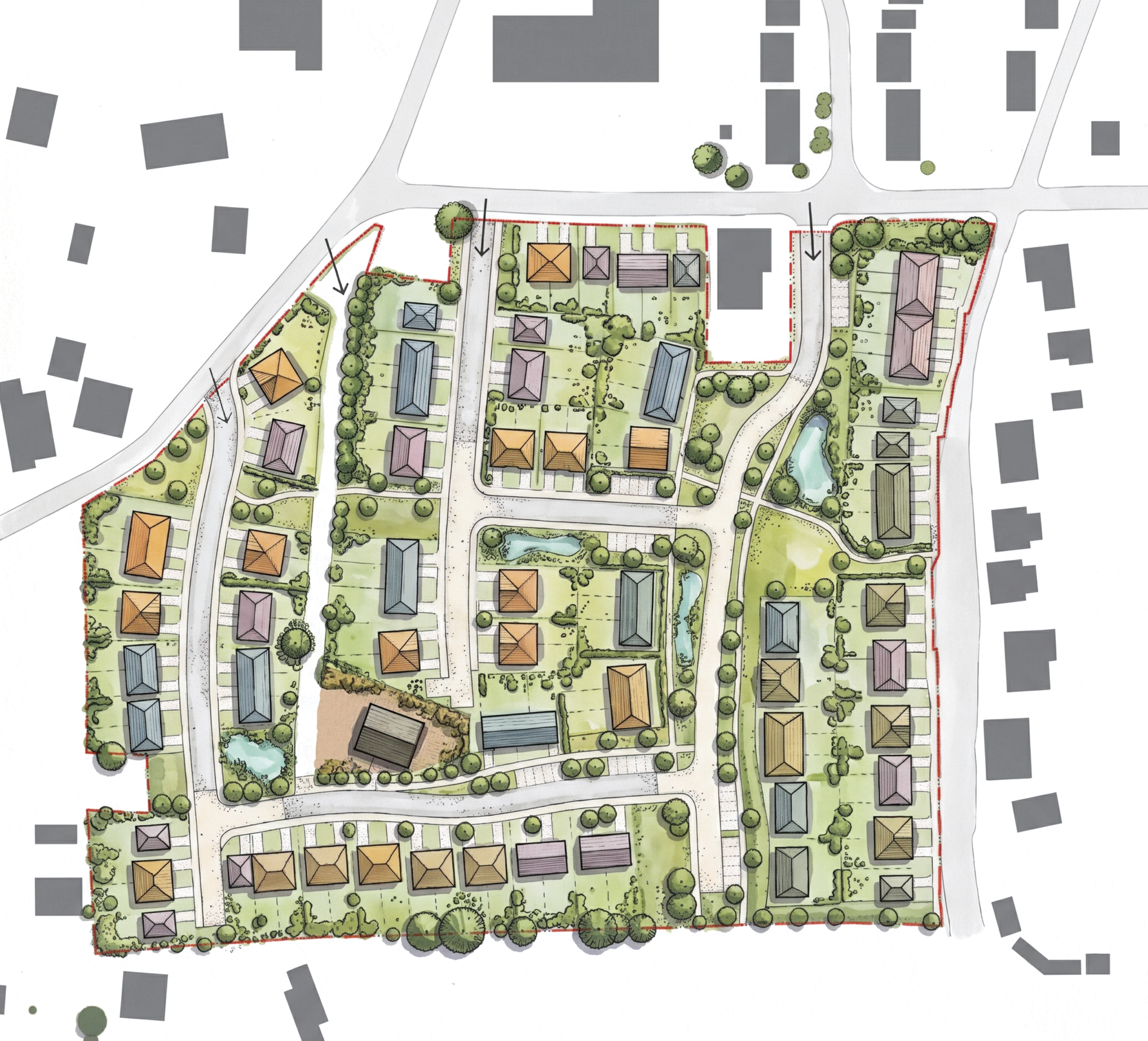 A hand-coloured sketch layout for a village of detached homes, with roads, ponds and planting