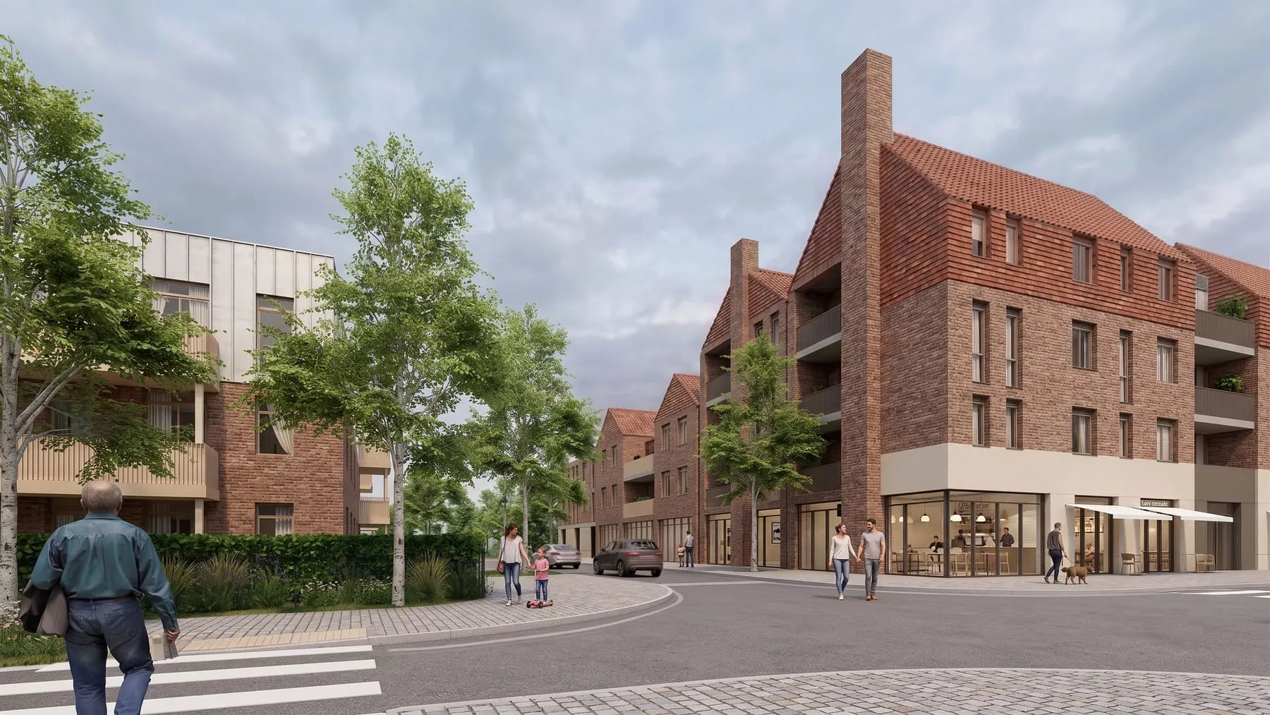 Brick homes and apartments around a street corner