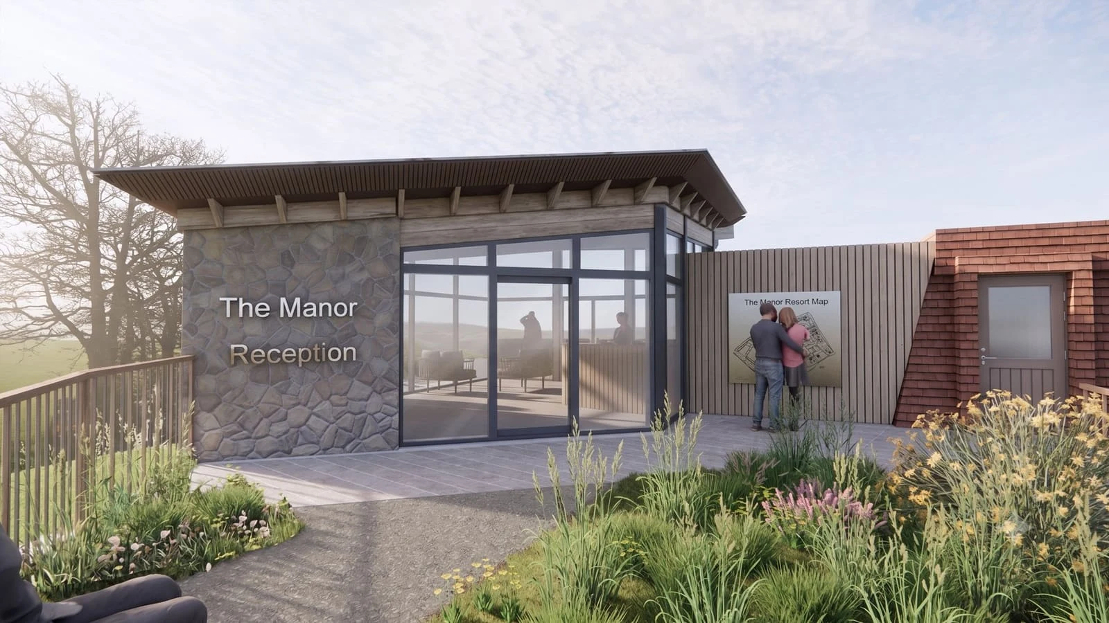 The new reception at the top of the entrance slope: a stone wall carrying The Manor Reception sign, a glazed corner and a larch-clad wall with the resort map