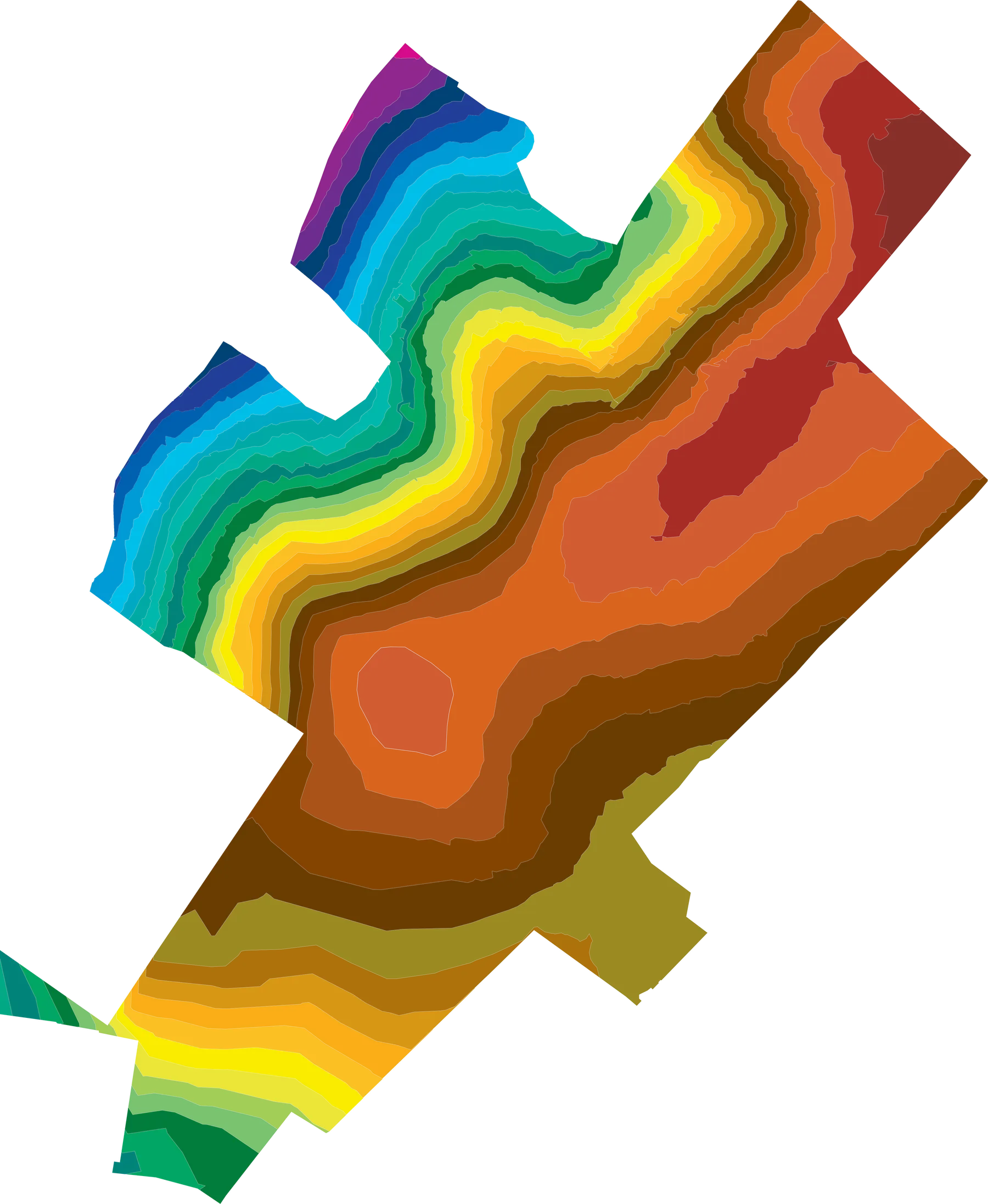 A coloured contour map of a site, showing how the land rises to a central high point