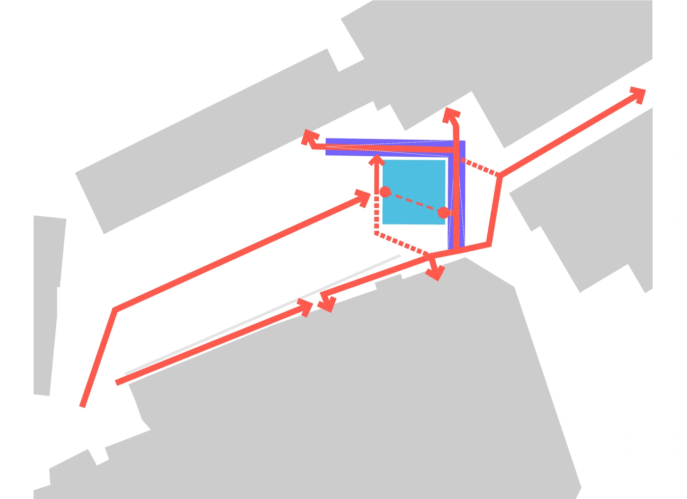 Diagram of the covered routes linking the reception to the food & beverage areas and the accommodation