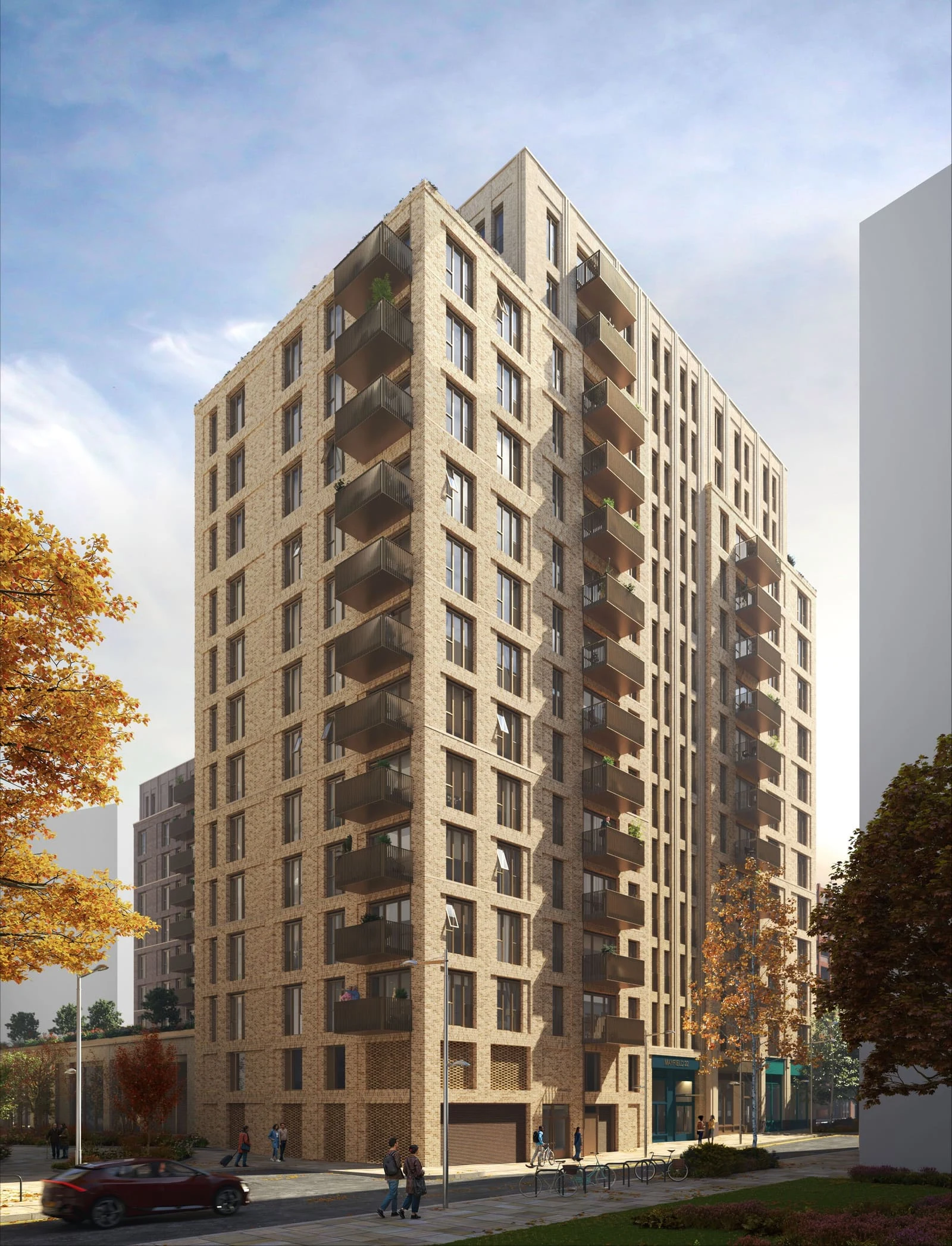 Brick tower of later living apartments at Brent Cross Town