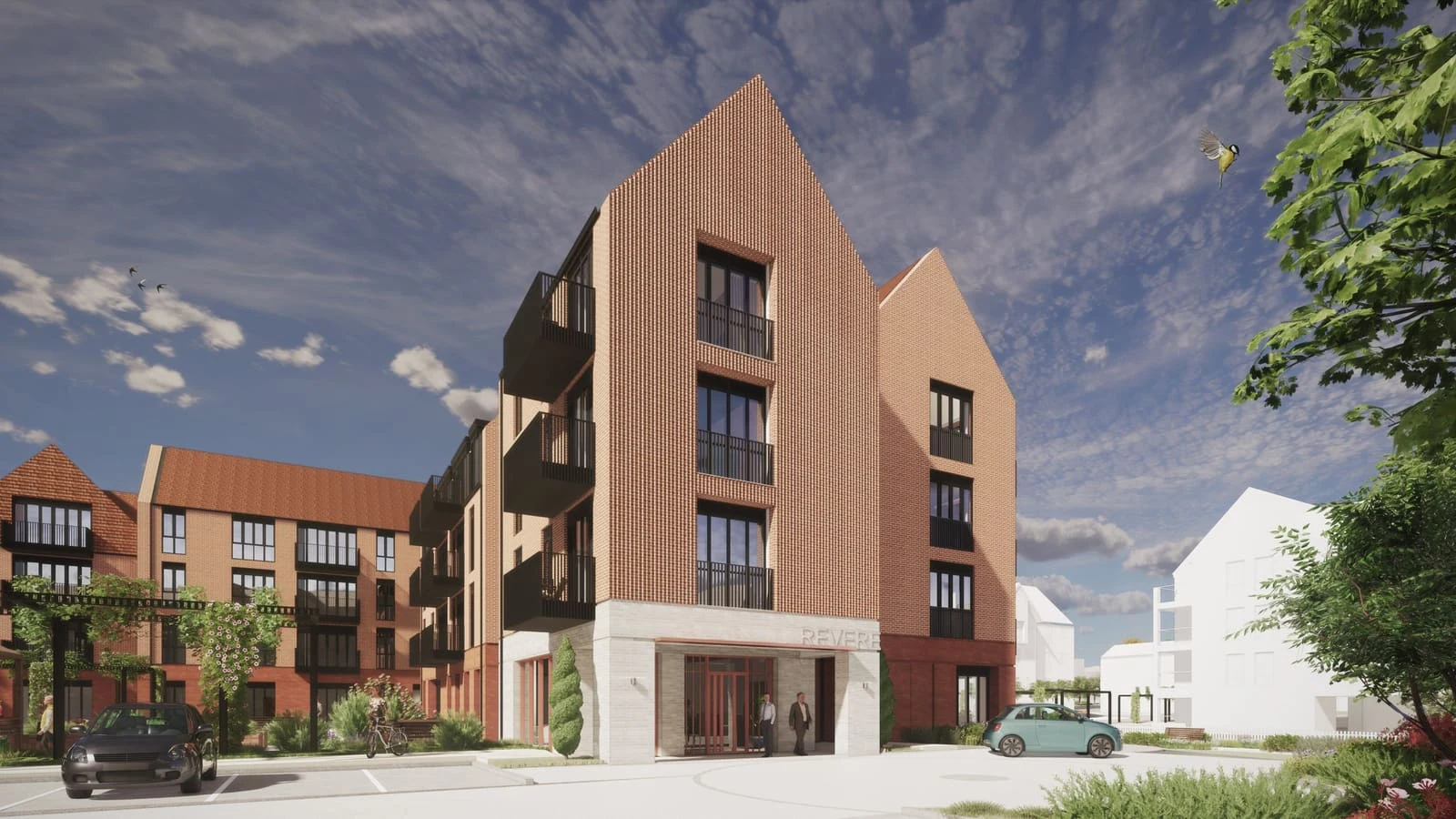 Gabled brick apartment building at the Alton scheme, Hampshire
